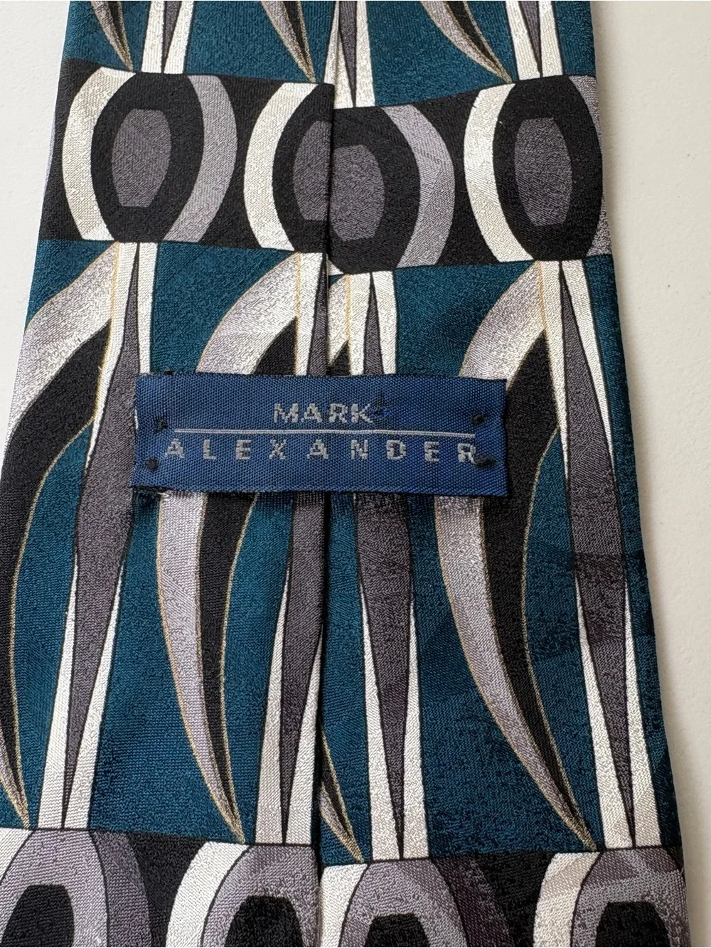 Mark Alexander Men's Silk Tie Extra Long Abstract Geometric Teal Silver Gray